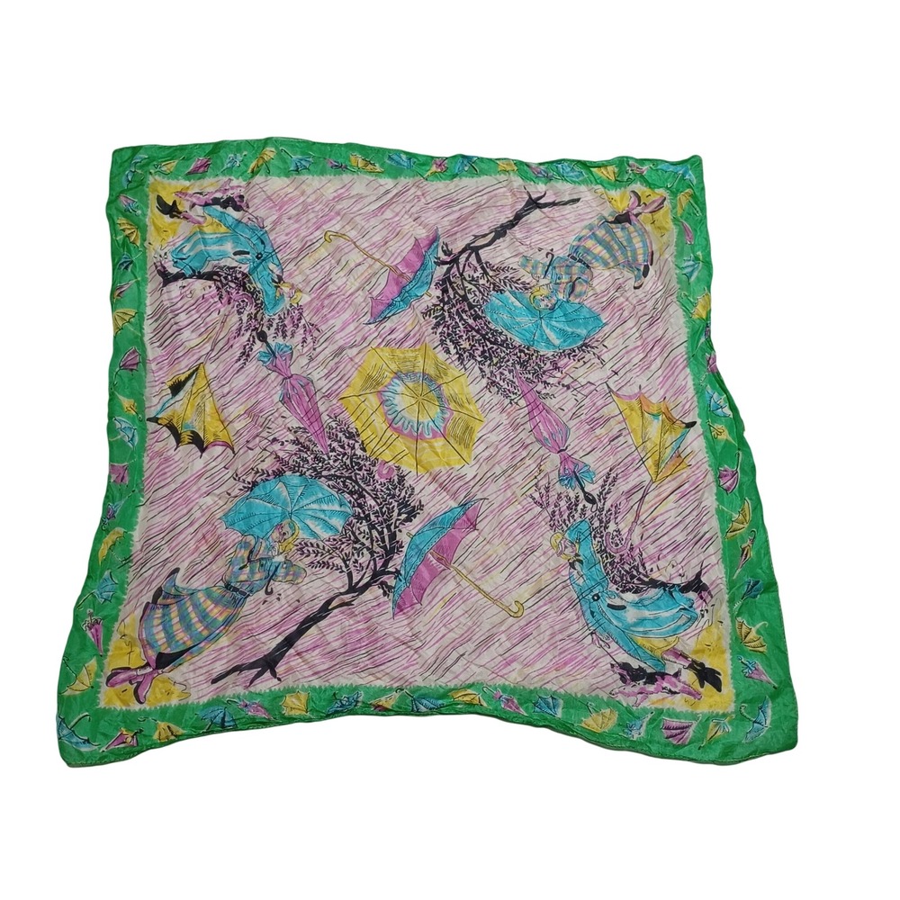 VTG Normandy Silk Scarf 32x32 Umbrella Novelty‎ Print MCM Retro Dopamine Whimsy